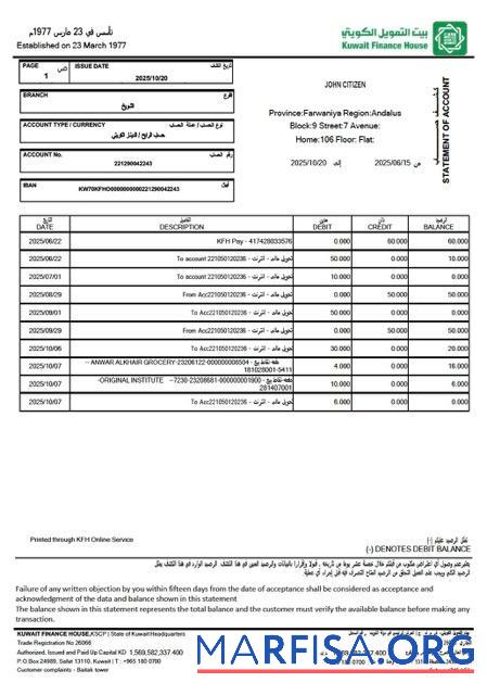 Printable Kuwait Finance House statement of account word sample